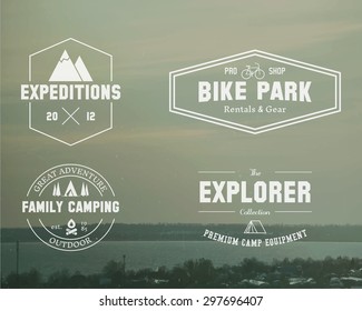 Set Of Summer, Winter Explorer, Family Camp Badge, Logo And Label Templates. Travel, Hiking, Biking Style. Outdoor. Best For Adventure Sites, Travel Magazine Etc. On Blurred Vintage Background. Vector