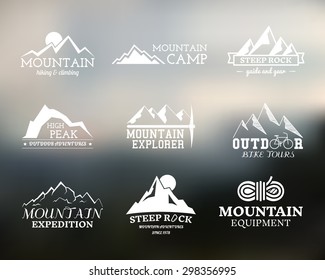 Set Of Summer And Winter Mountain Explorer Camp Badge, Logo And Label Templates. Travel, Hiking, Climbing Style. Outdoor. Best For Adventure Website, Bike Stamp, Campsite Sign. Vector Illustration