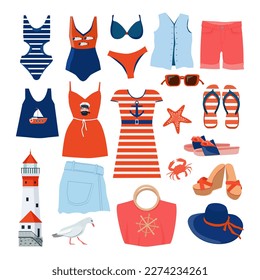 A set of summer women's clothing and shoes for a beach holiday with an image of a marine theme. Vector illustration.