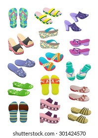 Set of summer women's flip flops isolated on white background