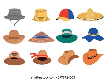 A set of summer women's hats. Summer and spring hats. Vector Flat Illustration. 