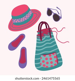 The set with summer women's sunglasses, bag and hat decorated with ribbons, stripes. Pastel pink, green, beige, brown, lilac colors.  Flat vector illustration.