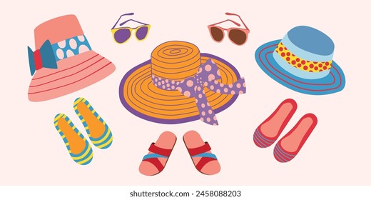 The set with summer women's sunglasses, and hat decorated with ribbons, stripes. Pastel pink, green, beige, brown, lilac colors.  Flat vector illustration.