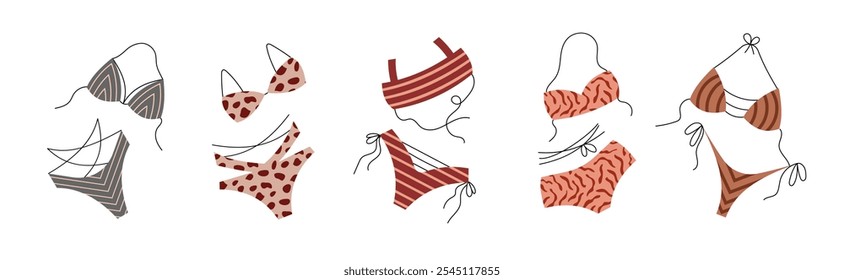 Conjunto de roupas de banho femininas de verão. Roupa de praia para mulheres para a piscina, para férias, para a praia. Biquíni e sutiã. Fatos de banho de moda separados. Ilustração de vetor plano isolada no plano de fundo branco