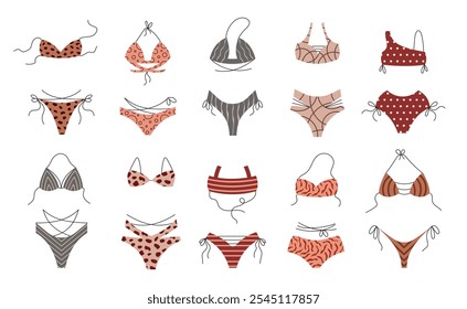 Conjunto de roupas de banho femininas de verão. Roupa de praia para mulheres para a piscina, para férias, para a praia. Biquíni e sutiã. Fatos de banho de moda separados. Ilustração de vetor plano isolada no plano de fundo branco