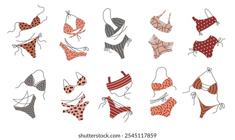 Conjunto de roupas de banho femininas de verão. Roupa de praia para mulheres para a piscina, para férias, para a praia. Biquíni e sutiã. Fatos de banho de moda separados. Ilustração de vetor plano isolada no plano de fundo branco