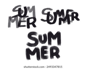 Set of SUMMER words. Vector handwriting lettering for seasons prints, posters, cards, invitations. Black hand drawing on white isolated background. Pastel drawing effect. 