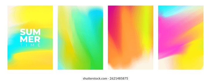 Set of summertime blurred backgrounds. Summer theme bright color gradients for creative seasonal graphic design. Vector illustration.