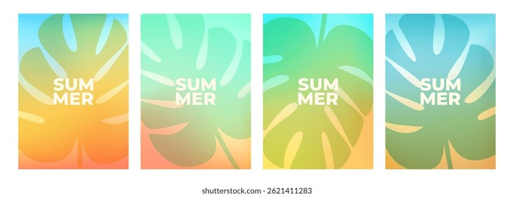 Set of Summertime blurred backgrounds with tropical leaves for Summer season creative graphic design. Monstera leaf. Vector illustration.