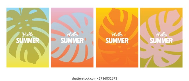 Set of Summertime blurred backgrounds with tropical leaves for Summer season creative graphic design. Monstera leaf. Vector illustration.