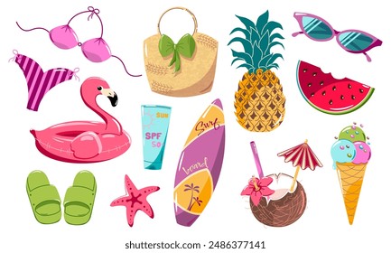 A set of summertime elements. Surfboard, pineapple, watermelon, ice cream, swimsuit, beach bag , starfish, flamingo swim lap, coconut cocktail, sunglasses, beach shoes. Flat style, vector.