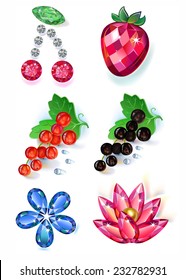 Set of summertime fruit flowers colored gems brooches isolated on white background, vector illustration. 