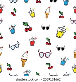 set of summertime icon. glass of water, ice cream cone, cherry fruit, sunglasses illustration on white background. seamless pattern, hand drawn vector. doodle art for wallpaper, wrapping paper, fabric