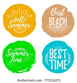 Set of Summertime label. Font with Brush. Summer and Beach badges. Vector illustration icon with Sunburst.