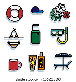 Set of summertime travel icons isolated on white
