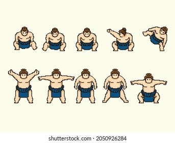 set of sumo position in pixel art