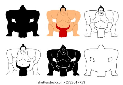 Set von Sumo Wrestler Vektorsilhouette Illustration einzeln. Japan traditioneller Sport. Übergewichtiger Sportler Sumo Wrestling Disziplin. Fette Männer-Schlacht. Linienkontur Sumo Wrestler Form Schatten.