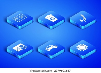 Set Sun, Address book, Hydrogen car, Certificate template, Recycle bin with recycle and Signature icon. Vector