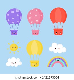 set of sun, balloon, rainbow and clouds. kawaii wallpaper on blue background. baby cute pastel colors. vector Illustration.