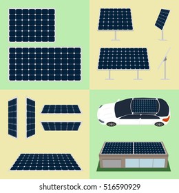 Set of sun batteries on isolated background. Different batteries forms and views with examples.