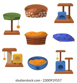A set of sun beds and scratching posts for animals. Vector illustration.