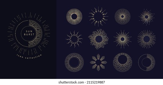 Conjunto de arrebatos de sol lineales y estilo de silueta. Mística esotérica elementos mágicos de la luna del sol. Ilustración vectorial. Logo o talismán esotérico espiritual. Objeto de tatuaje de alquimia