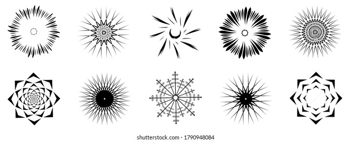 Set of sun burst, starburst, flower, snowflakes shape icon, abstract background texture pattern seamless wallpaper vector illustration art graphic design