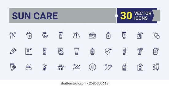 Set of Sun Care line icons. Contains related to solar, beach, shield, safe, rays, skin and more. Pixel perfect. Solid line editable stroke.