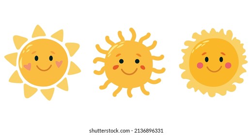 Set sun cartoon flat style. Children's style. Vector illustration