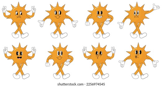 A set of sun cartoon groovy stickers with funny comic characters, gloved hands. Modern illustration with legs and arms.