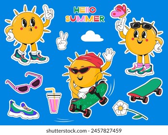 Ein Set von Sonnenfiguren im Cartoon-Stil - Brillen mit Fliege, Hut auf dem Skateboard, modische Schuhe, individuelle Sommerartikel. Aufkleber, Poster, Druck, Design-Vorlagen. Vektorgrafik 