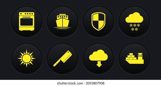 Set Sun, Cloud with snow, Meat chopper, download, Shield and Ship icon. Vector