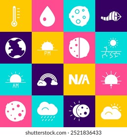 Sol y nube, salida del sol, sequía, luna, puesta del sol, globo de la tierra, termómetro de meteorología y eclipse de icono de sol. Vector