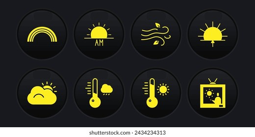 Set Sun and cloud, Sunrise, Meteorology thermometer, Wind, Weather forecast and Rainbow icon. Vector