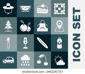 Set Sun and cloud weather, Bottle of water, Picnic location, Piece cake, Fruit, Tree, Camping hat and Kitchen apron icon. Vector