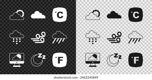 Set Sun and cloud weather, Cloud, Celsius, Weather forecast, Time to sleep, Fahrenheit, with rain and Windy icon. Vector