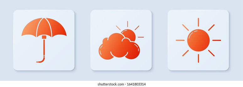 Set Sun and cloud weather, Classic elegant opened umbrella and Sun. White square button. Vector