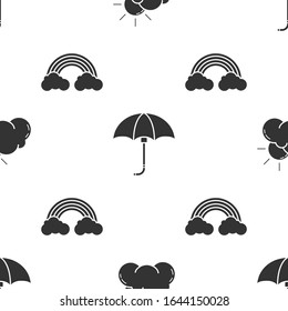 Set Sun and cloud weather, Classic elegant opened umbrella and Rainbow with clouds on seamless pattern. Vector