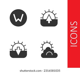 Ajuste el clima de sol y nube, Compass norte, Sunset y Sunrise icono. Vector