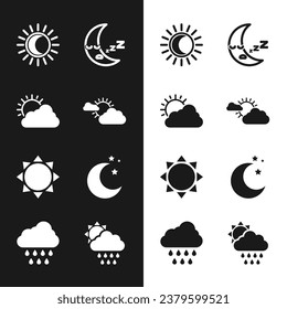 Set Sun and cloud weather, Eclipse of sun, Moon icon, stars, Cloud with rain and  icon. Vector