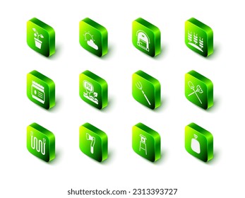Set Sun and cloud weather, Farm house, Wheat, Shovel, Full sack, Garden pitchfork, Water tower and Wooden axe icon. Vector