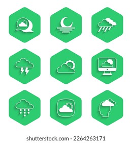 Set Sun and cloud weather, Weather forecast, Man having headache, Cloud with rain, Storm,  and Location icon. Vector