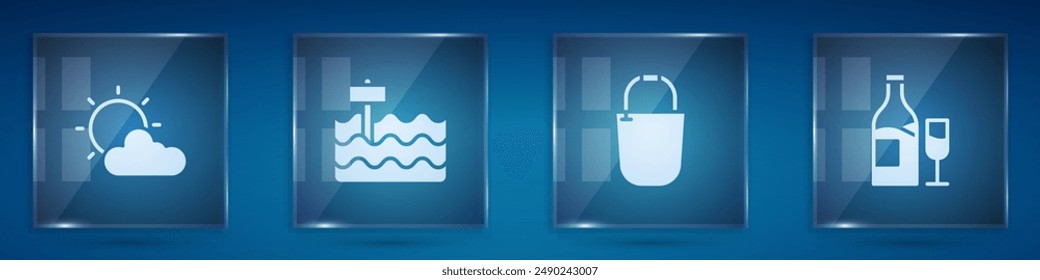 Set Sun and cloud weather, Garden bed, Bucket and Wine bottle with glass. Square glass panels. Vector