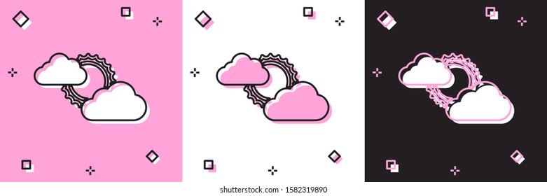 Set Sun and cloud weather icon isolated on pink and white, black background.  Vector Illustration