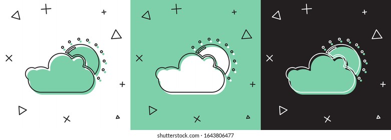 Set Sun and cloud weather icon isolated on white and green, black background.  Vector Illustration