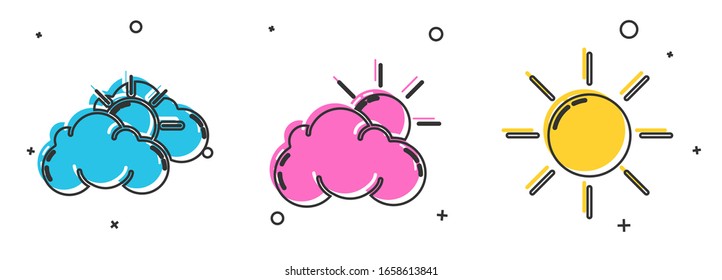 Set Sun and cloud weather, Sun and cloud weather and Sun icon. Vector