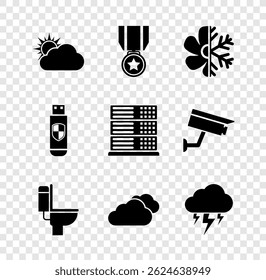 Set Sun and cloud weather, Medal with star, Air conditioner, Toilet bowl, Cloud and Storm icon. Vector