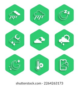 Set Sun and cloud weather, Meteorology thermometer, Weather forecast, Cloud with rain sun, Moon stars, moon, Time to sleep and  icon. Vector