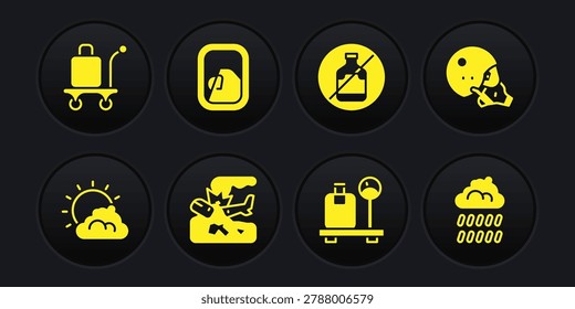 Set Sun and cloud weather, Modern pilot helmet, Plane crash, Scale with suitcase, No alcohol, Airplane window, Cloud rain and Trolley baggage icon. Vector