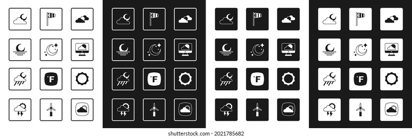 Set Sun and cloud weather, Moon stars, Sunset, Cloud with moon, Weather forecast, Cone windsock wind vane,  and rain icon. Vector